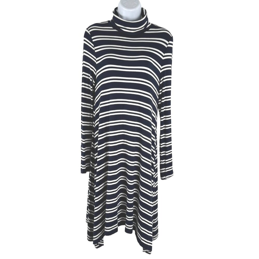 Maeve‎ Turtleneck Swing Dress Medium Navy Blue White Striped Jersey NWT DR-1816